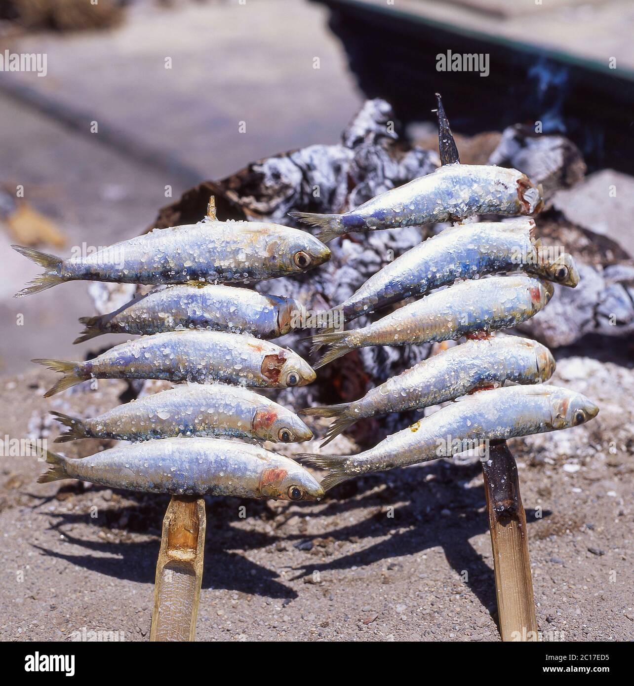 Sardines grilled on the beach, Nerja, Costa del Sol, Malaga Province, Andalucia, Spain Stock