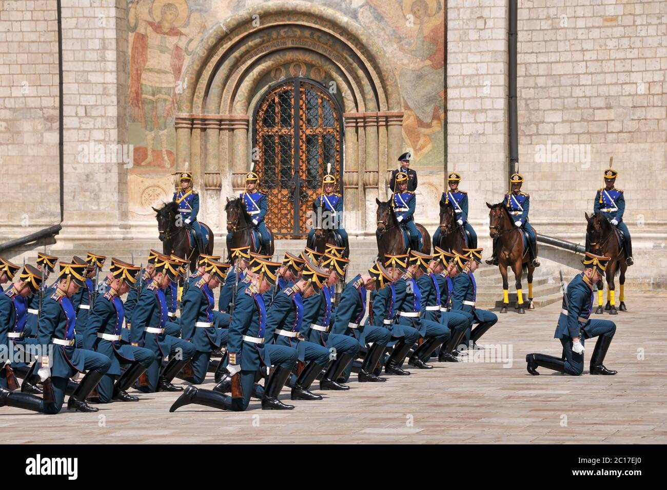 Taking a Bow - Soldiers of Kremlin Regiment during military parade on Cathedral Sqaure in Moscow Kremlin Stock Photo