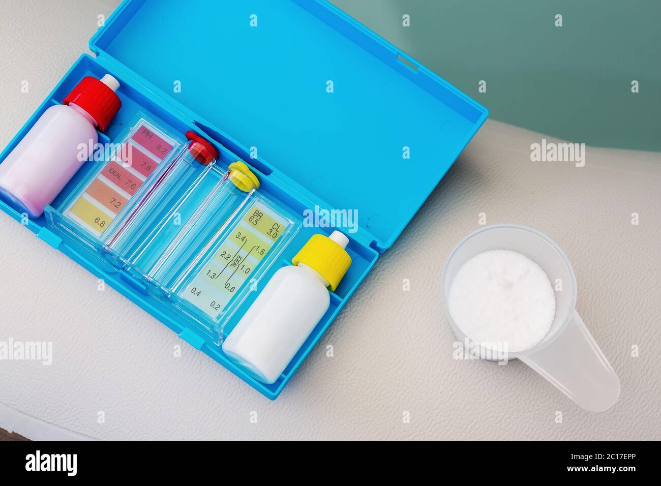 Kit of Ph chlorine and bromide test for water quality test of jacuzzi or pool Stock Photo