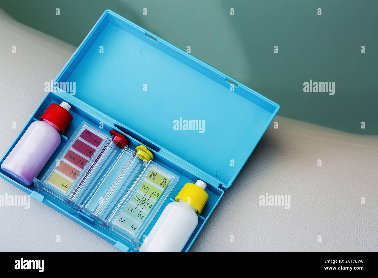 Kit of Ph chlorine and bromide test for water quality test of jacuzzi or pool Stock Photo