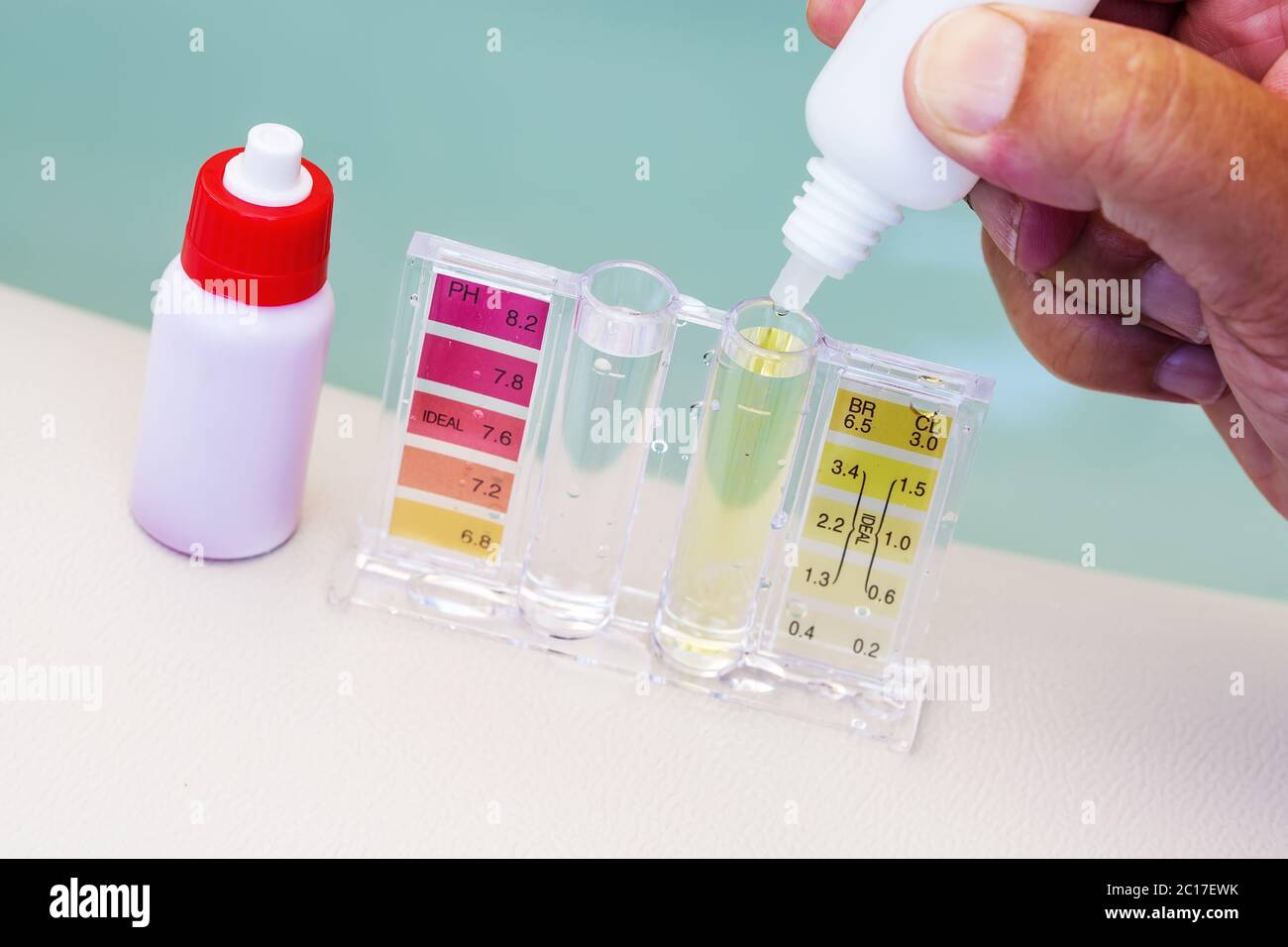 Kit of Ph chlorine and bromide test. Close-up on the test zone for chlorine and bromide Stock Photo