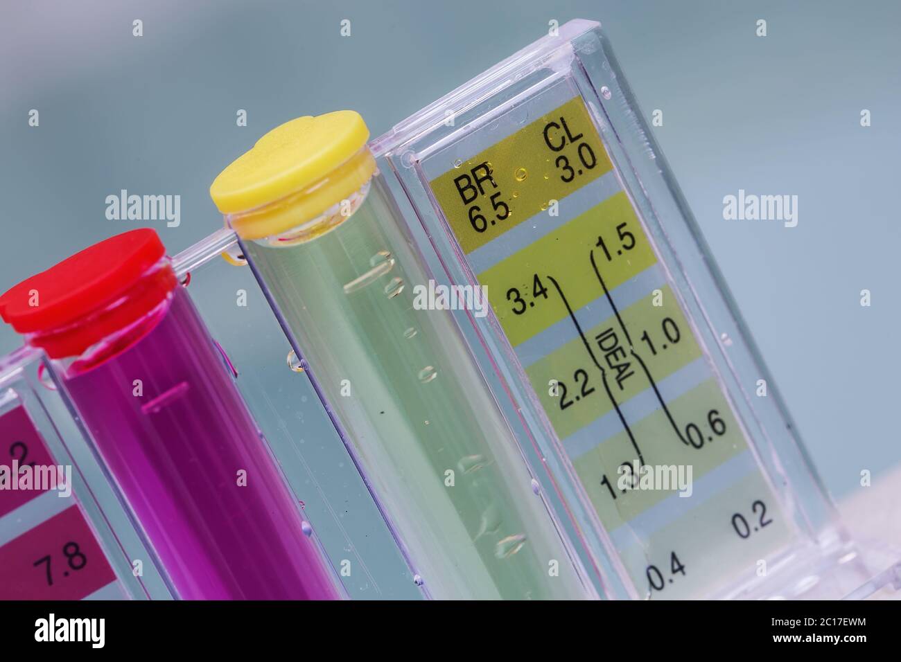 Kit of Ph chlorine and bromide test. Close-up on the test zone for chlorine and bromide Stock Photo