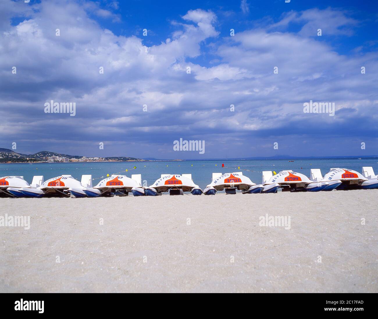 Pedaloe boats on beach, Palmanova, Calvia Municipality, Mallorca, Balearic Islands, Spain Stock Photo