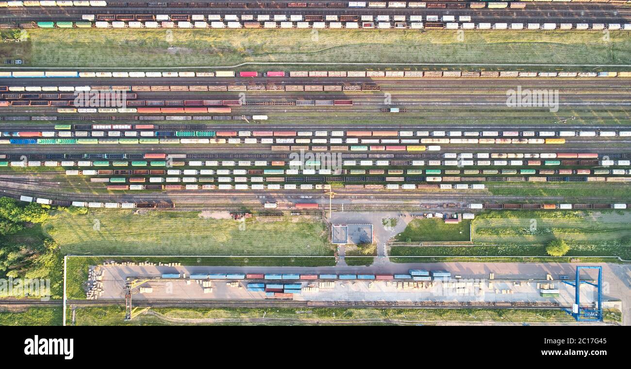 Railway station with cargo above top drone view Stock Photo