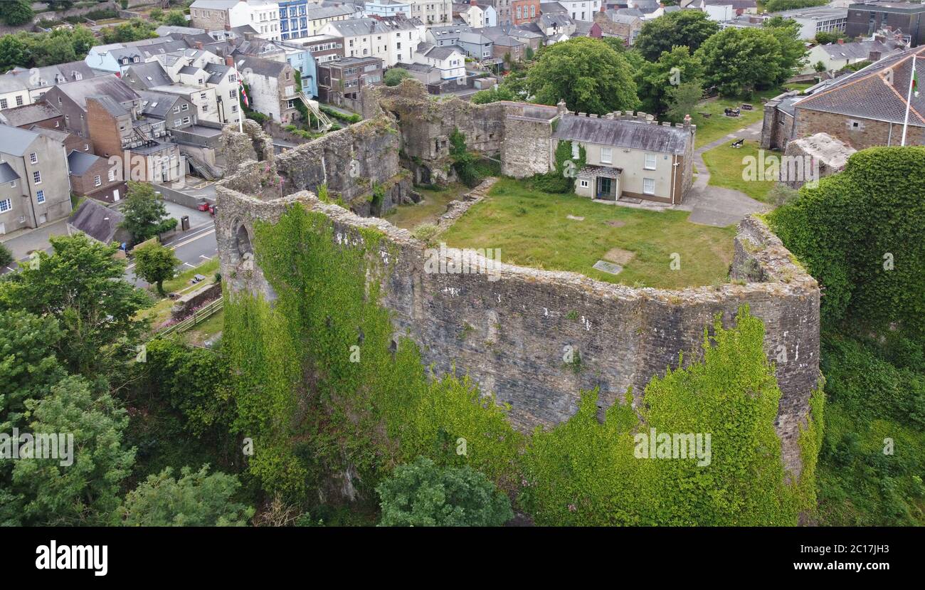 Aerial view of Haverfordwest Castle, Pembrokeshire, Wales, UK Stock