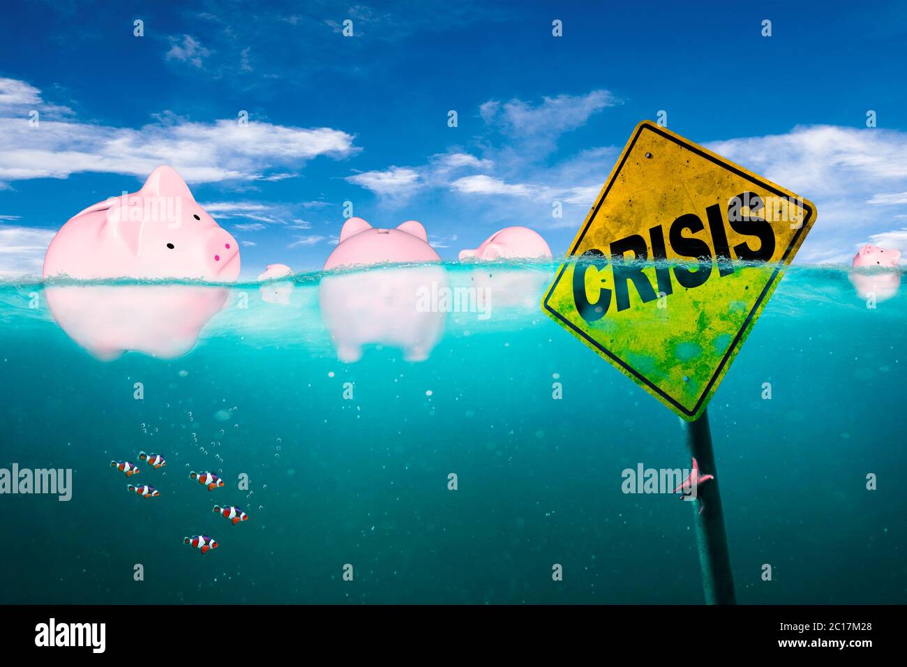 Financial troubles concept illustrated by floating pink piggy banks on dangerous waters with warning sign of economic crisis. Concept of drowning in d Stock Photo