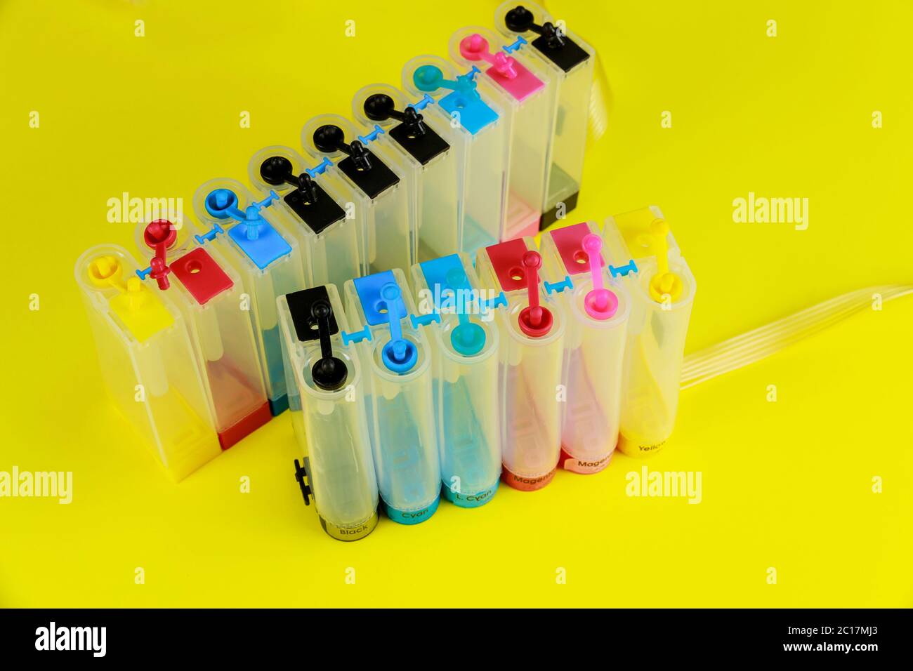 Inkjet printers with refilling ink on external color tanks Stock Photo