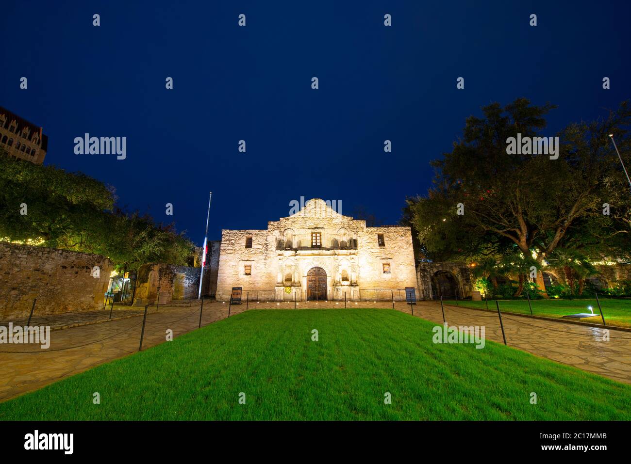 The Alamo Mission at night in downtown San Antonio, Texas, USA. The