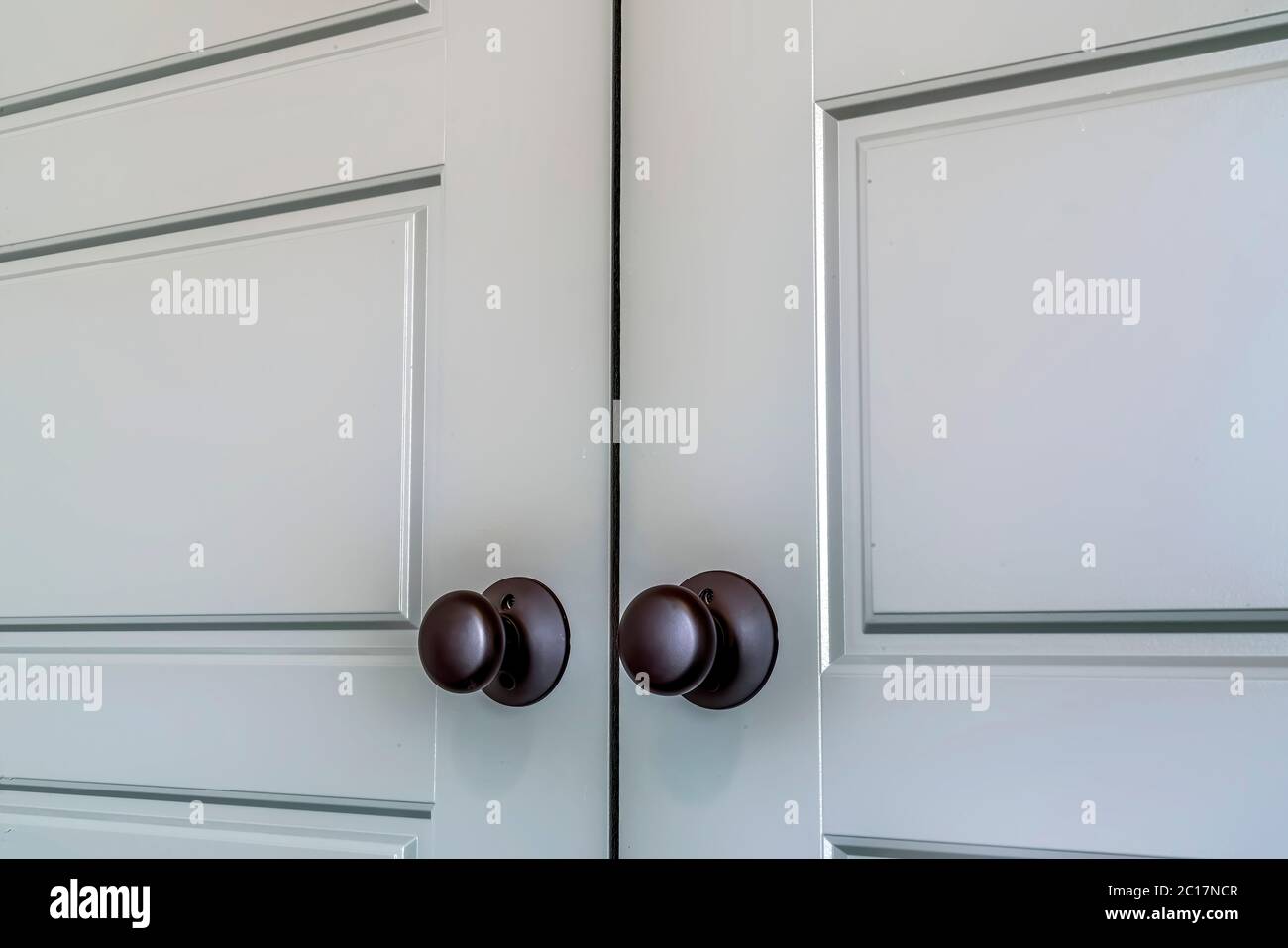 Matte black round door knobs of a double door with paneling inside a