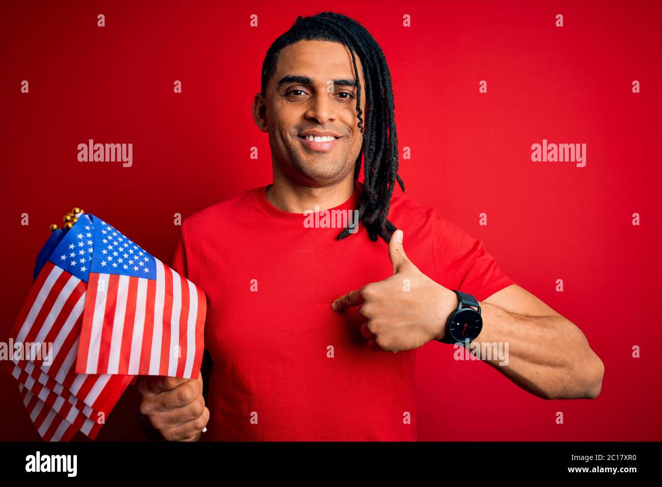 African american afro man with dreadlocks wearing united states flag ...