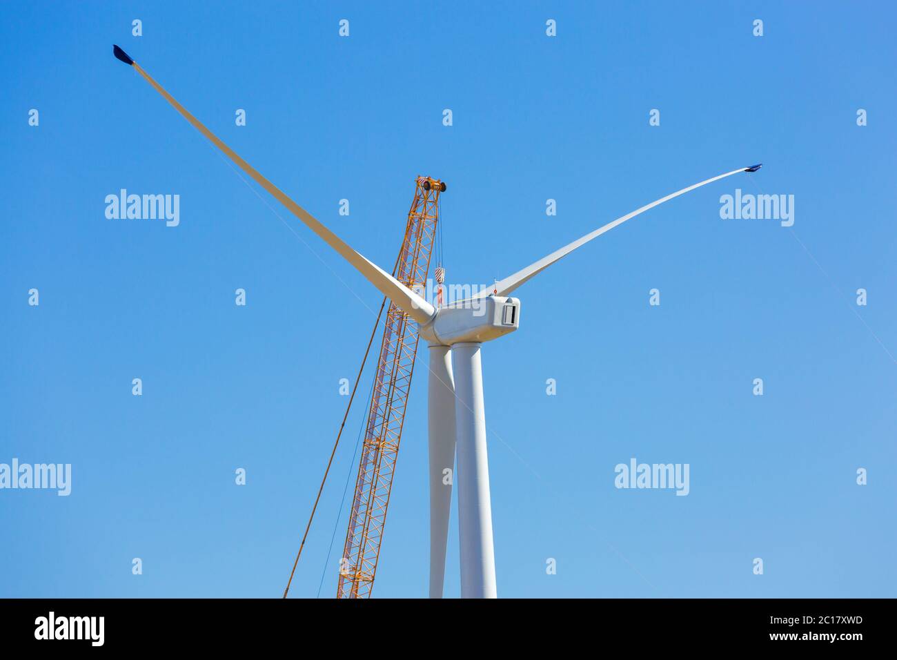 Installation of a wind turbine in wind farm construction site Stock Photo
