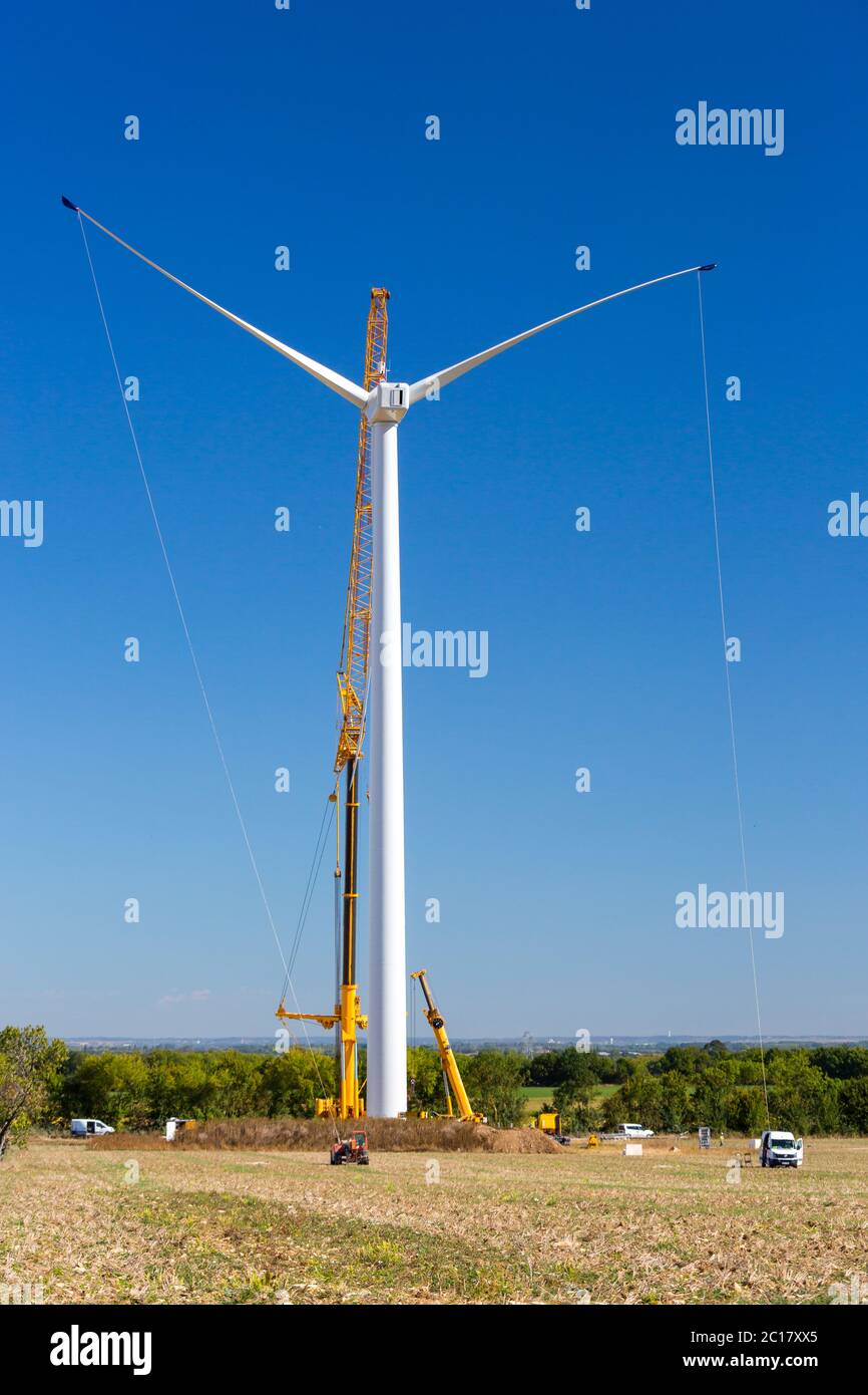 Installation of a wind turbine in wind farm construction site Stock Photo
