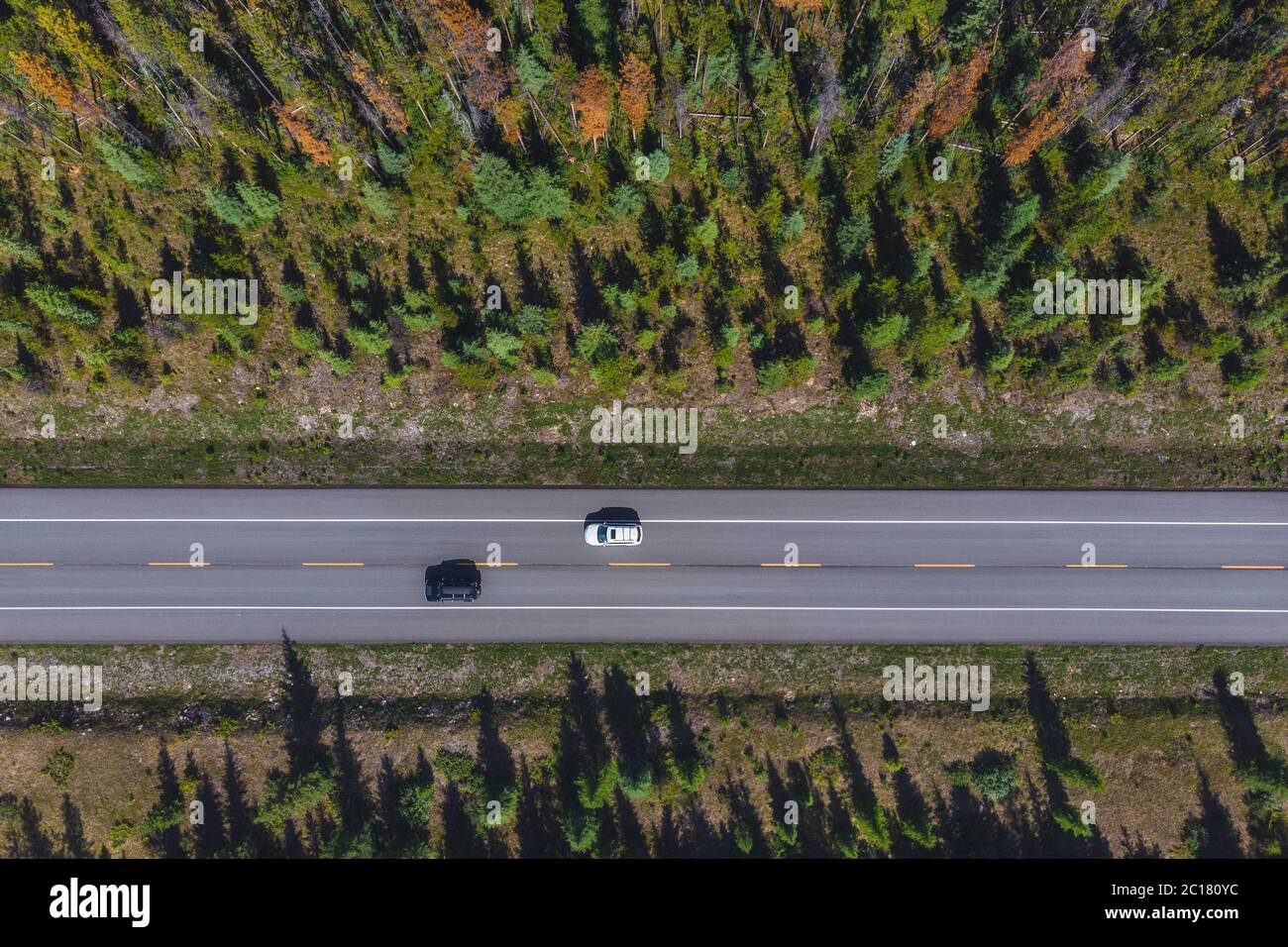 Top-down aerial view of vehicles on Icefields Parkway highway between Banff and Jasper National Parks during summer in Alberta, Canada. Stock Photo