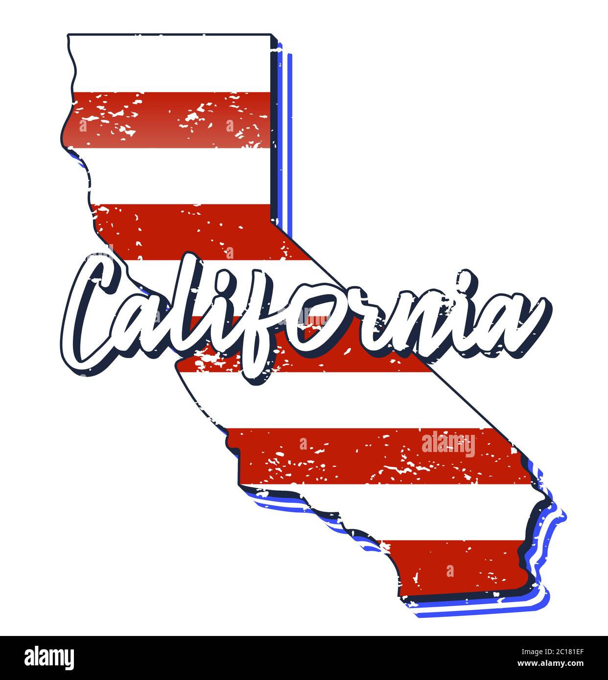 American flag in California state map. Vector grunge style with Typography hand drawn lettering California on map shaped old grunge vintage American n Stock Vector