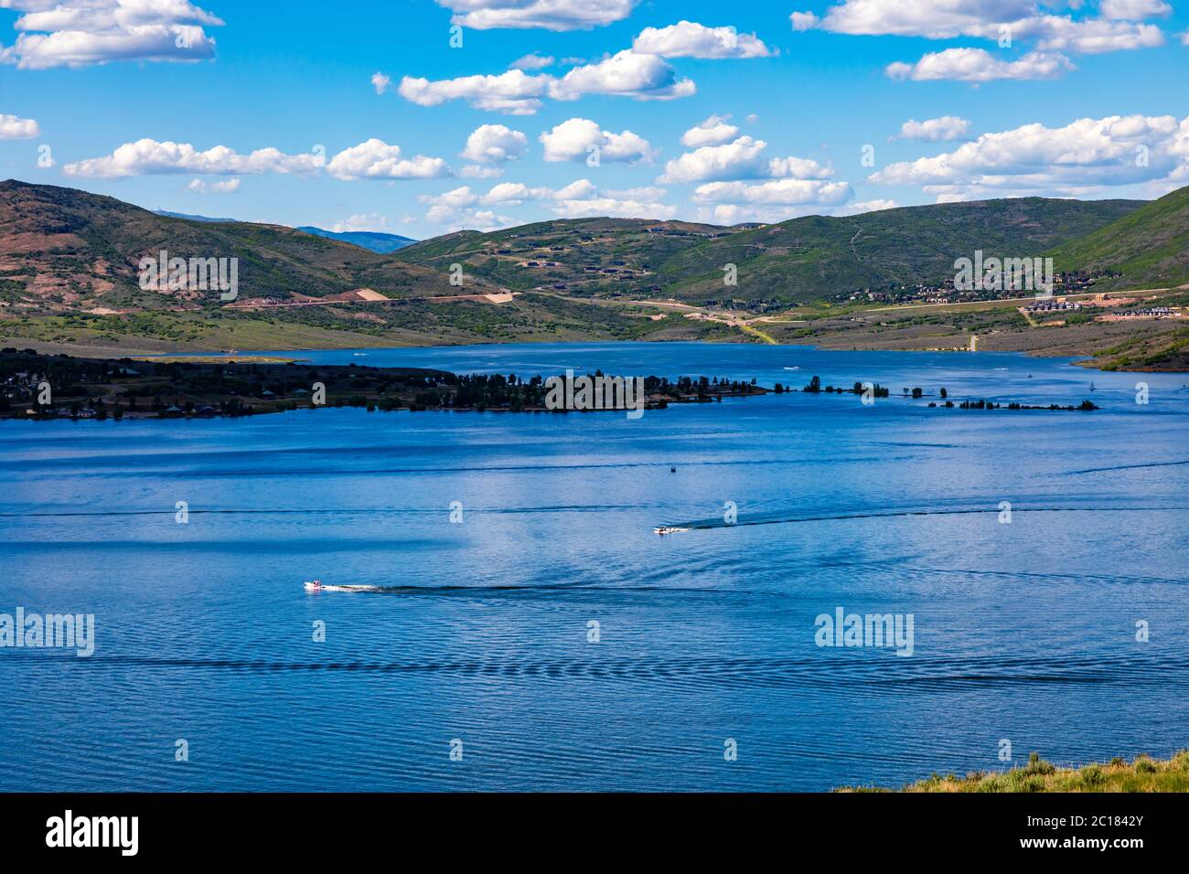 This is an overview of scenic Jordanelle Reservoir and State Park near Heber City, Wasatch County, Utah, USA. Stock Photo