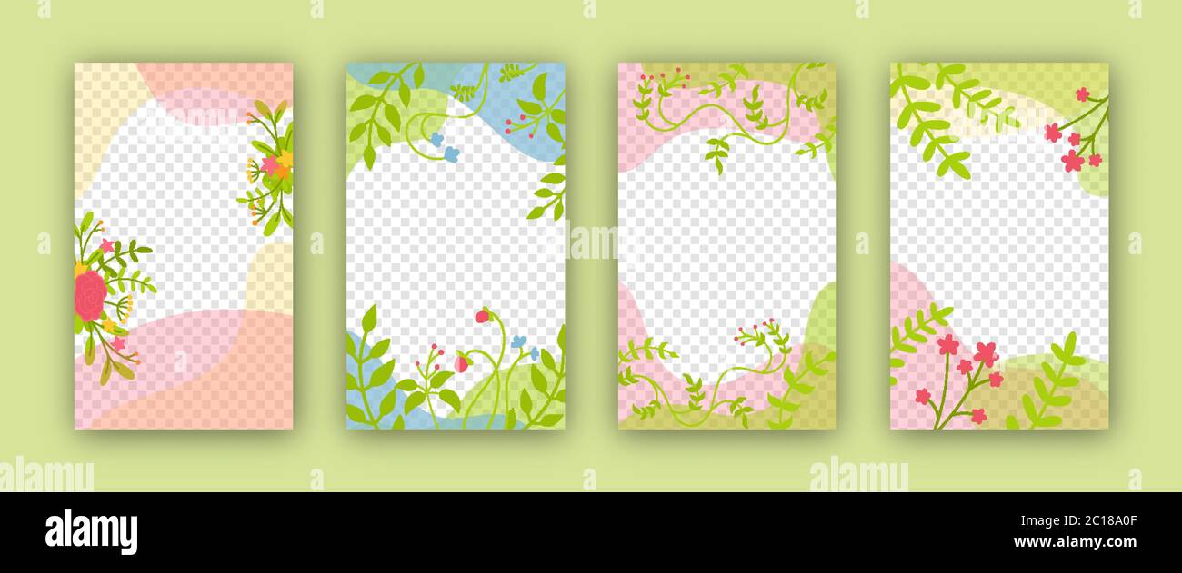 Transparent cards with floral elements set. Trendy creative background. Floral frame design, botanical abstract composition. Space for text, vibrant banners, posters or flyer. Vector illustration Stock Vector