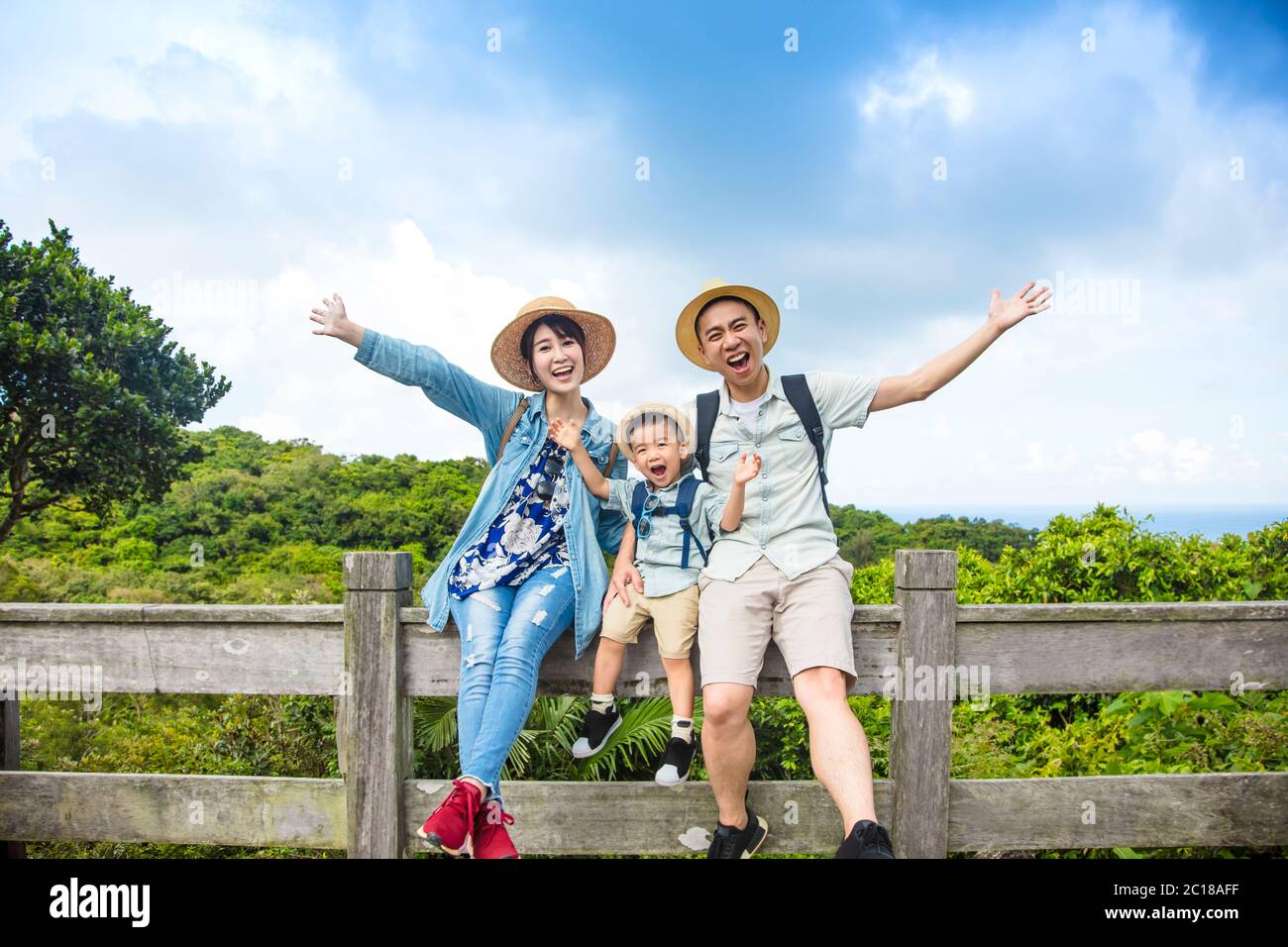 happy asian Family On Hiking Adventure Stock Photo