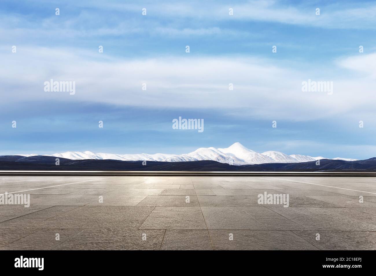 empty marble floor with snow mountains Stock Photo