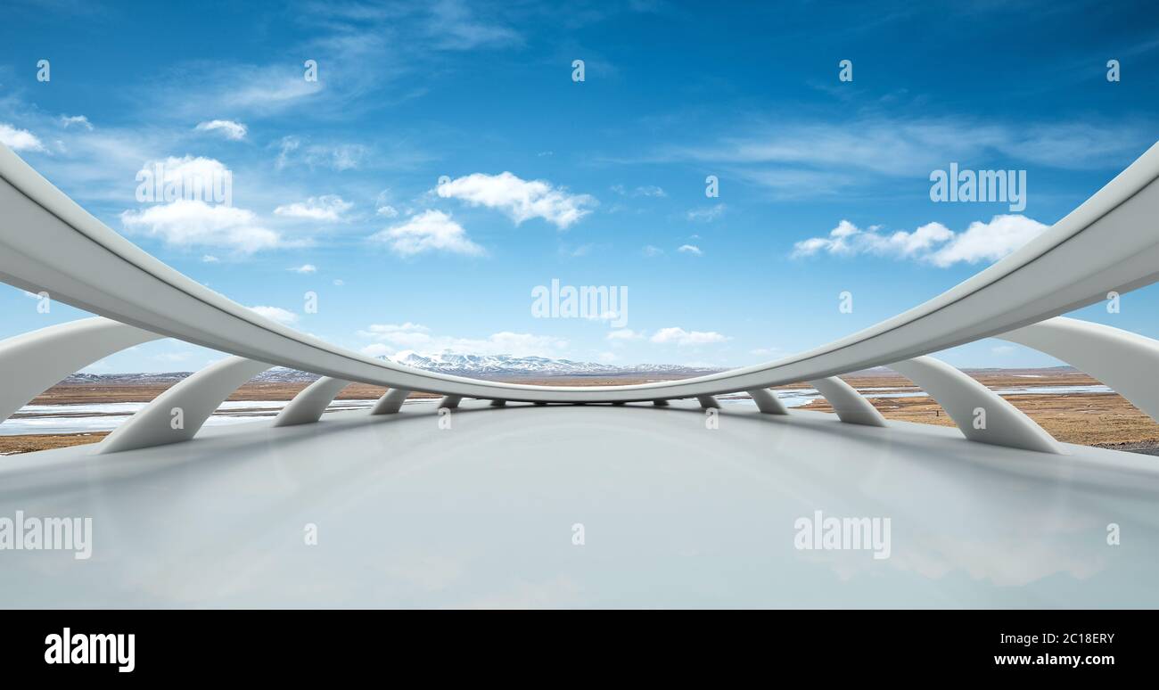 empty marble floor with snow mountains Stock Photo