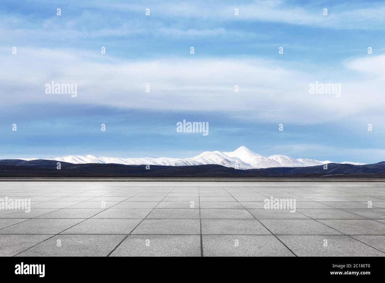 empty marble floor with snow mountains Stock Photo