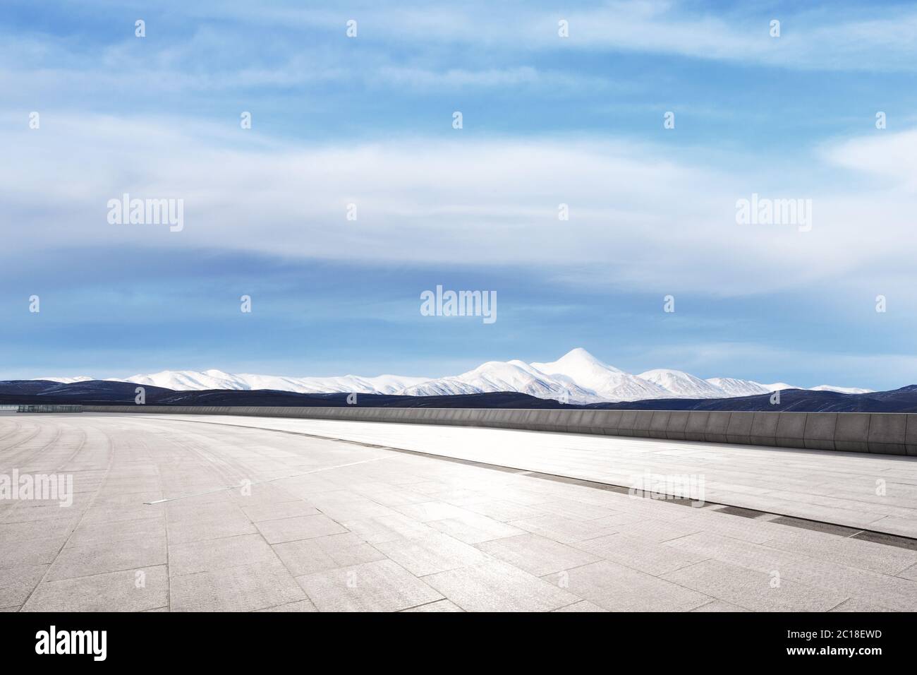 empty marble floor with snow mountains Stock Photo