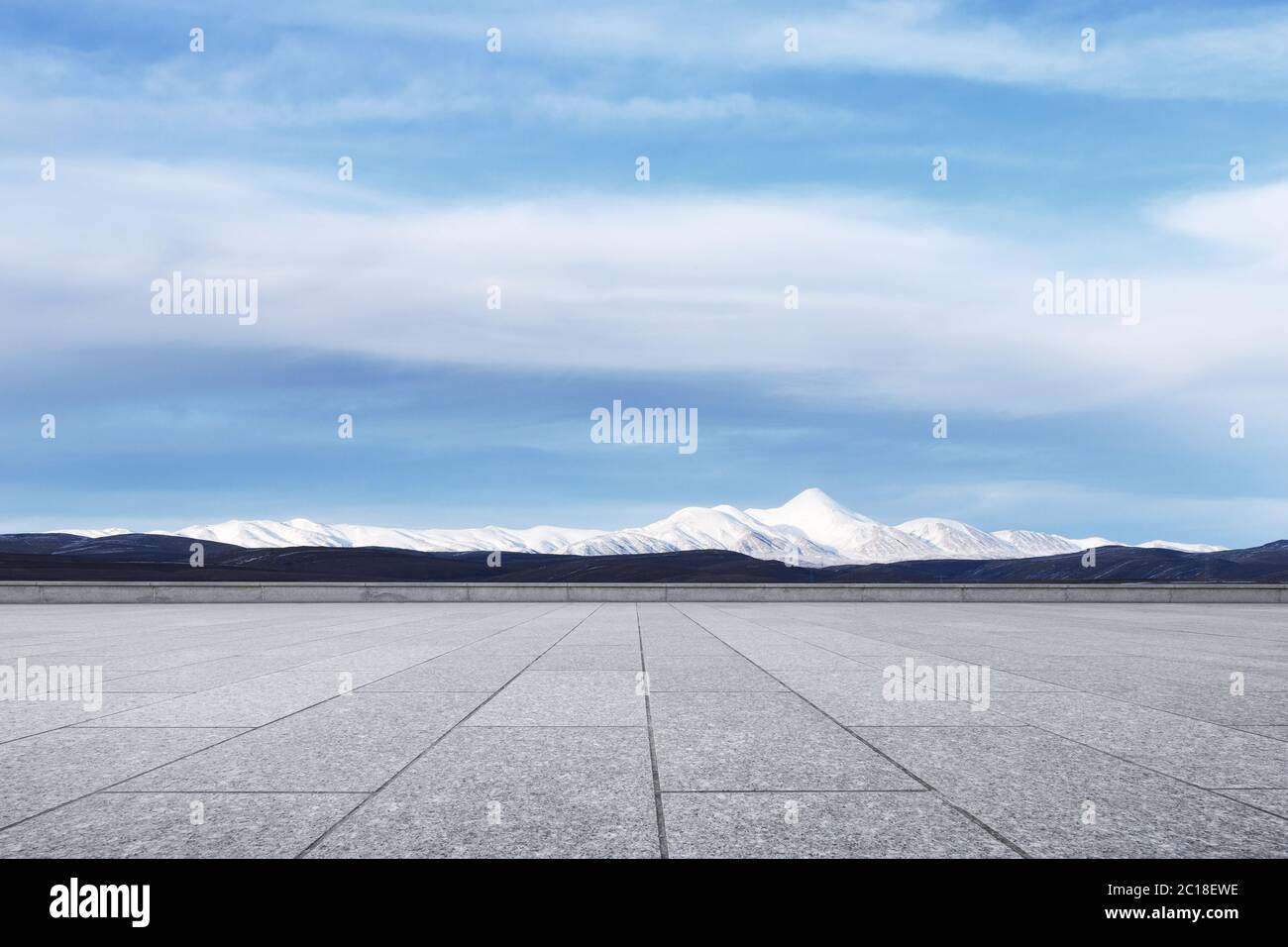 empty marble floor with snow mountains Stock Photo