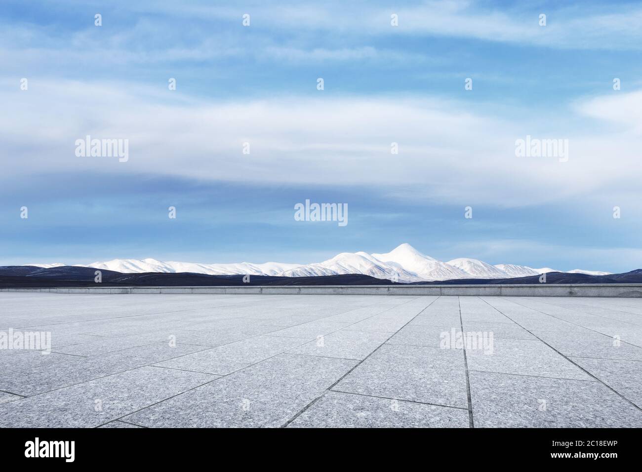 empty marble floor with snow mountains Stock Photo