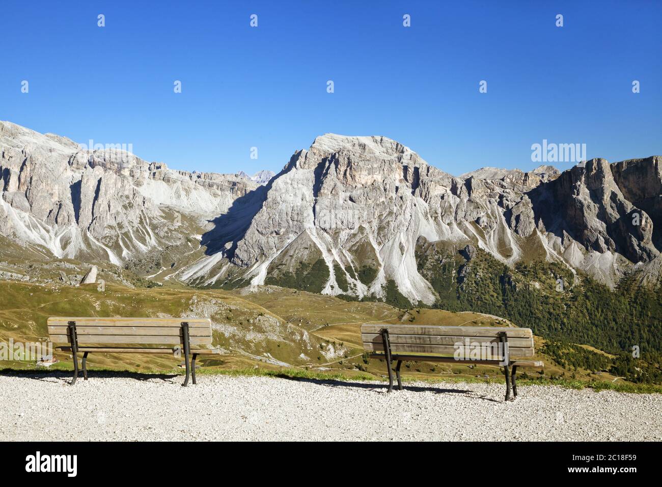 Viewpoint with benches in Dolomite Alps Stock Photo
