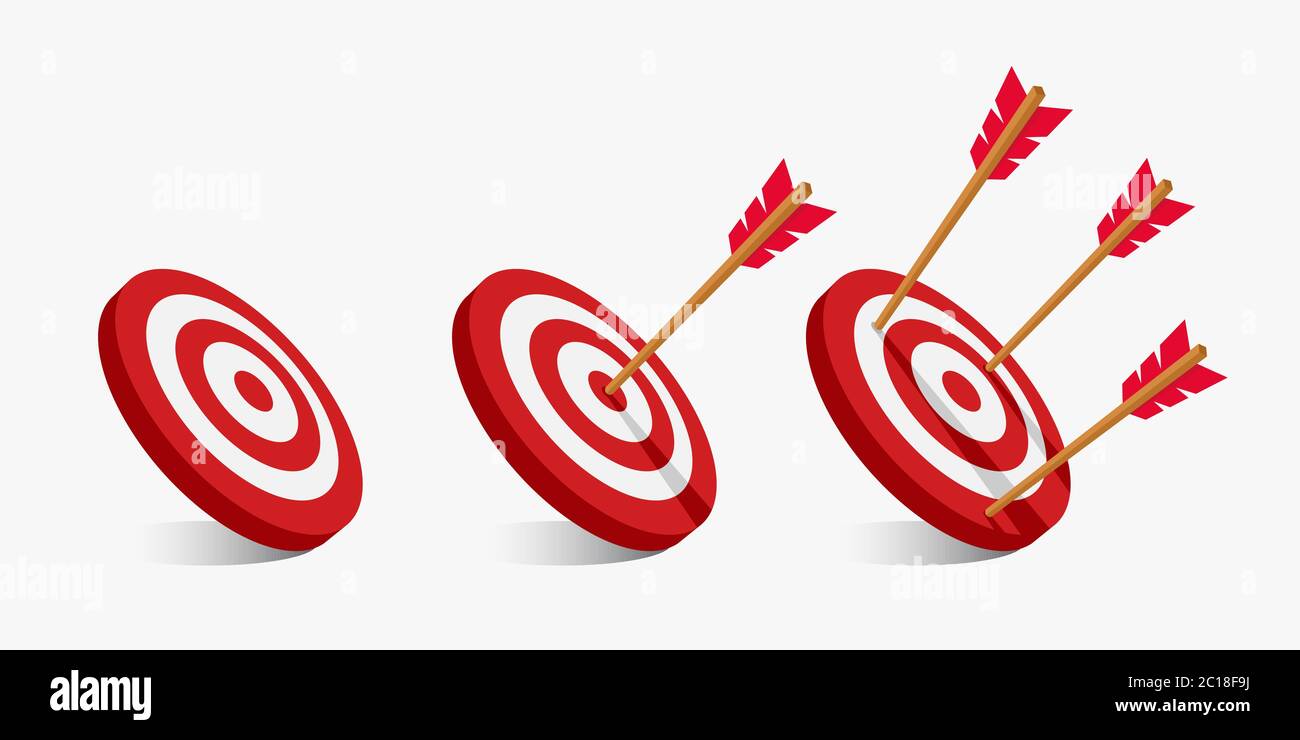 archery targets with a variety of shots. The arrow that pierced right in the middle of the target. A failed arrow miss hits the bullseye. Stock Vector