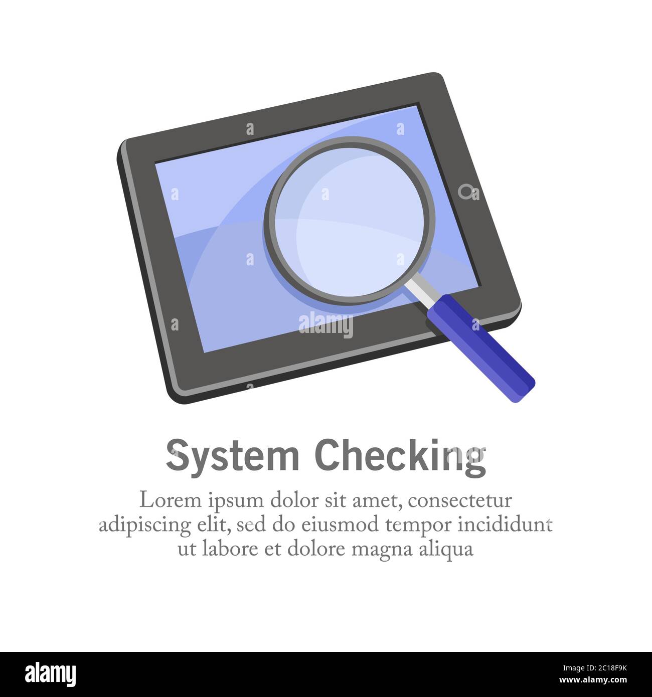 Vector illustration of checking a tablet with a magnifying glass. Suitable for illustrations of activities that scan for computer hardware damage Stock Vector