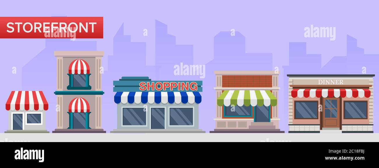 Flat illustration collection of shop building. The concept of buildings and architecture from a row of shopping places in the city. Stock Vector