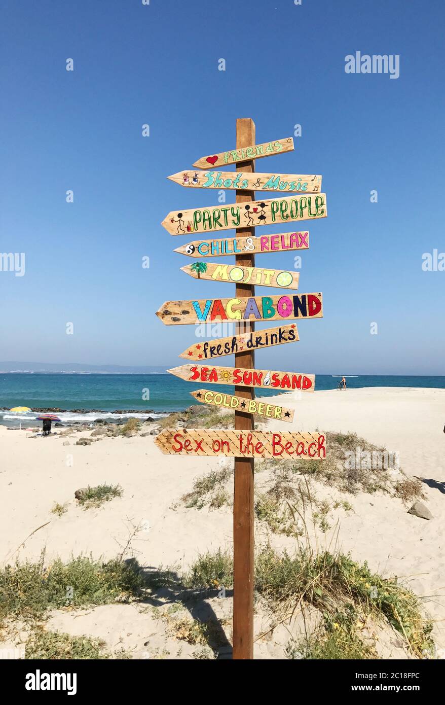 Pomorie, Bulgaria - September 18, 2017: Direction signpost on the beach. Stock Photo
