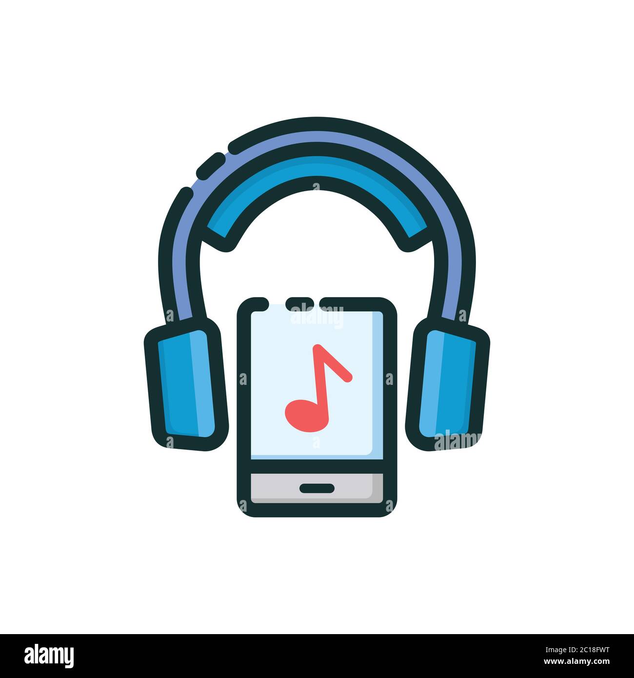 Vector illustration of listening music entertainment using headset from smartphone device. Suitable for design element of multimedia device facilities Stock Vector