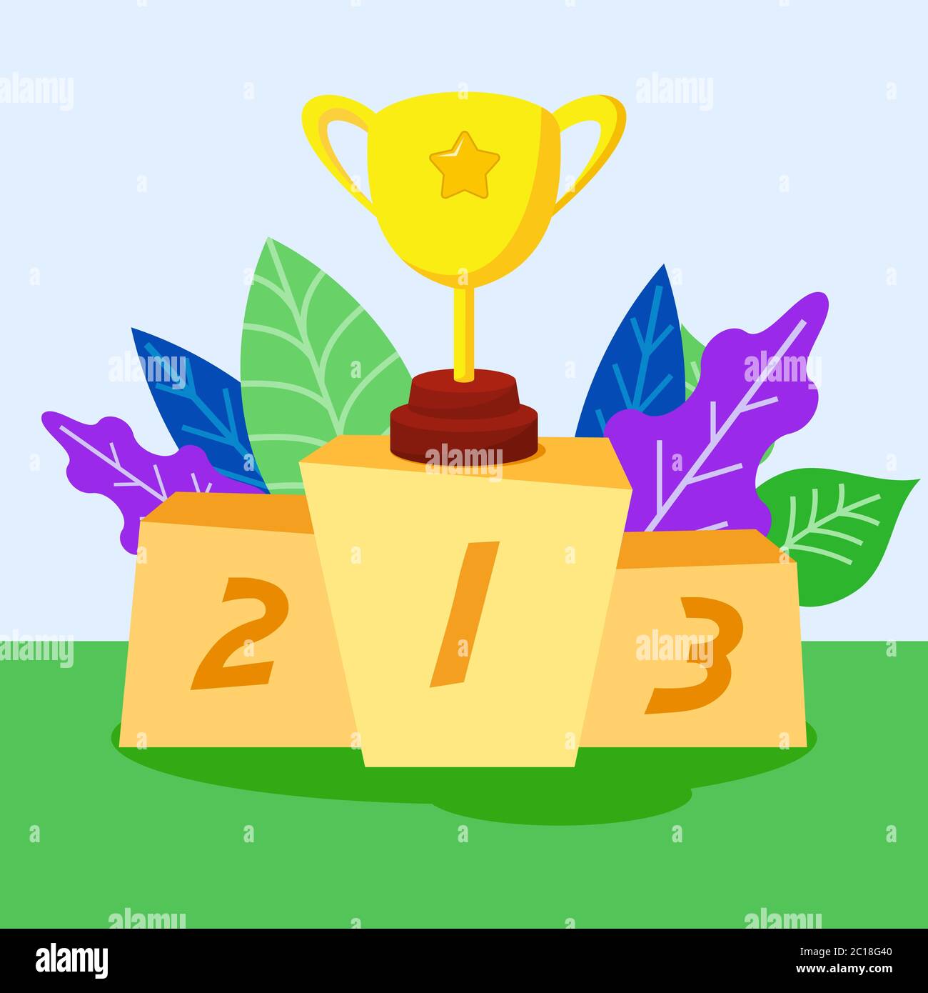 Illustration of a trophy for a championship winner. Podium champions in a competition with an abstract plant background. Stock Vector