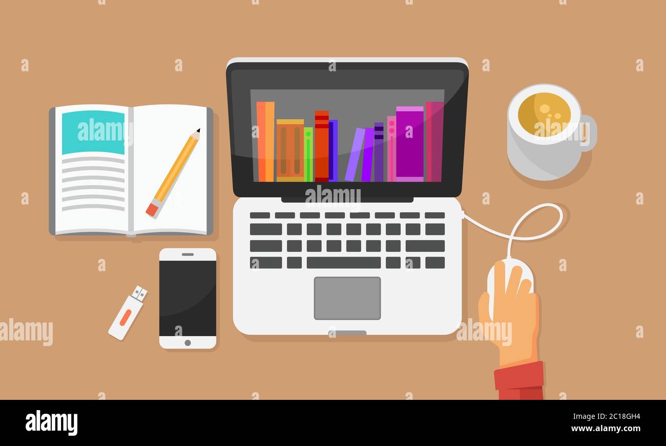 Vector illustration of online learning accessed via a laptop an internet. Suitable for promotion of online learning activities at home. Stock Vector
