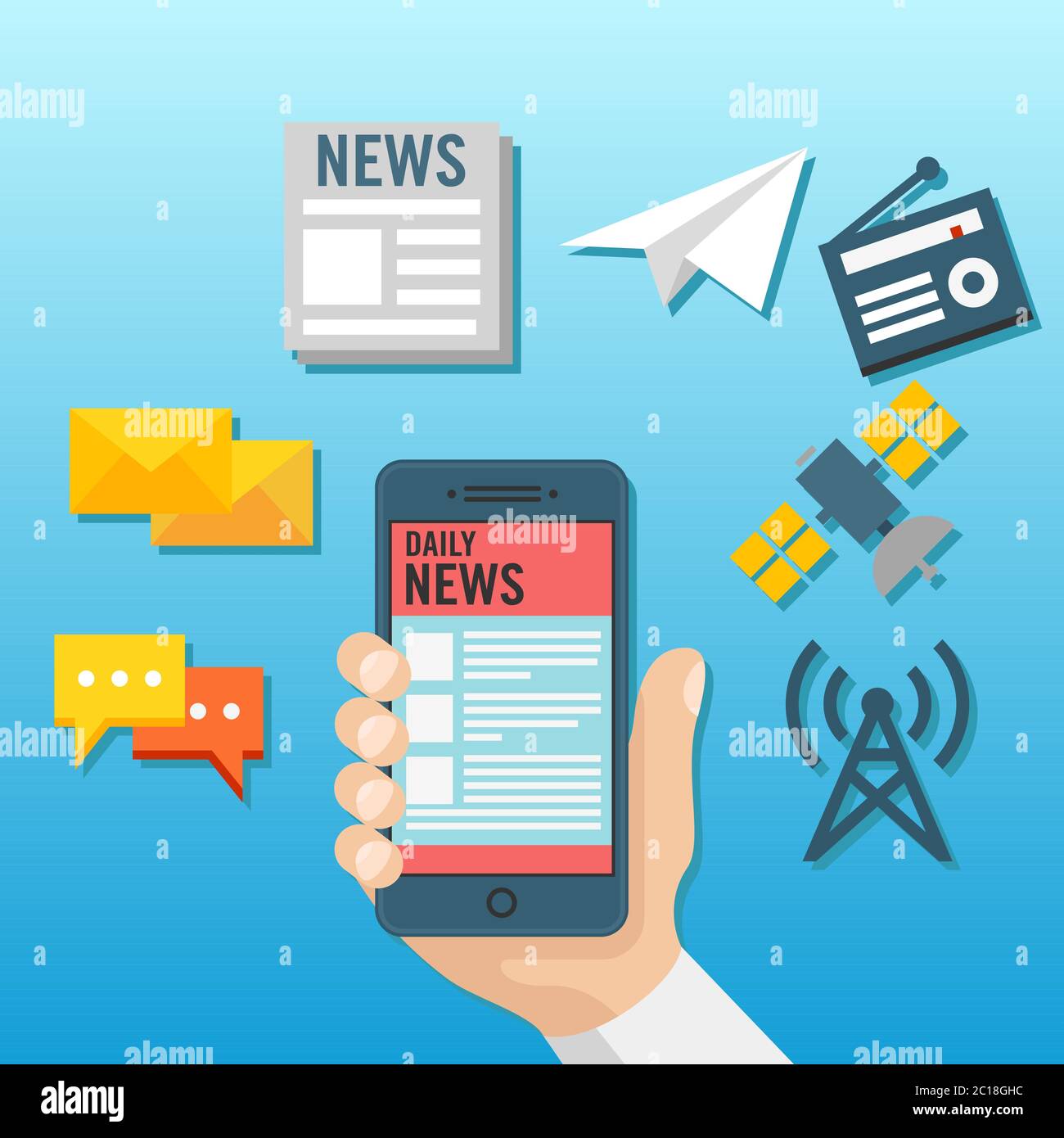 Viral news search through online information technology. Information technology graphic resources. Reading online news from a smart phone vector. Stock Vector
