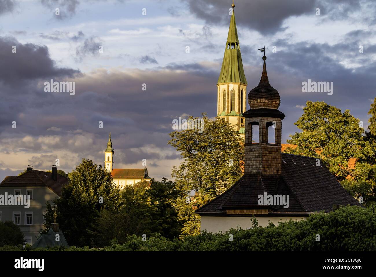 Steeples of Pleystein in the evening light, Upper Palatinate, Bavarians, Germany Stock Photo