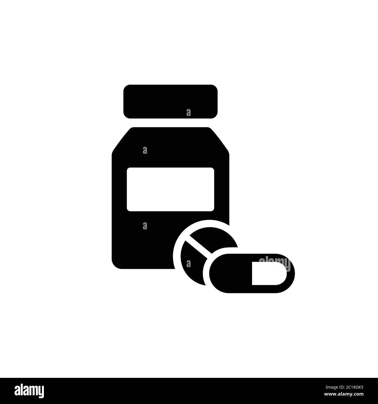 Silhouette icon of a bottle of medicine, pill and capsule. Simple flat minimalist medicine container in black and white design. Stock Vector