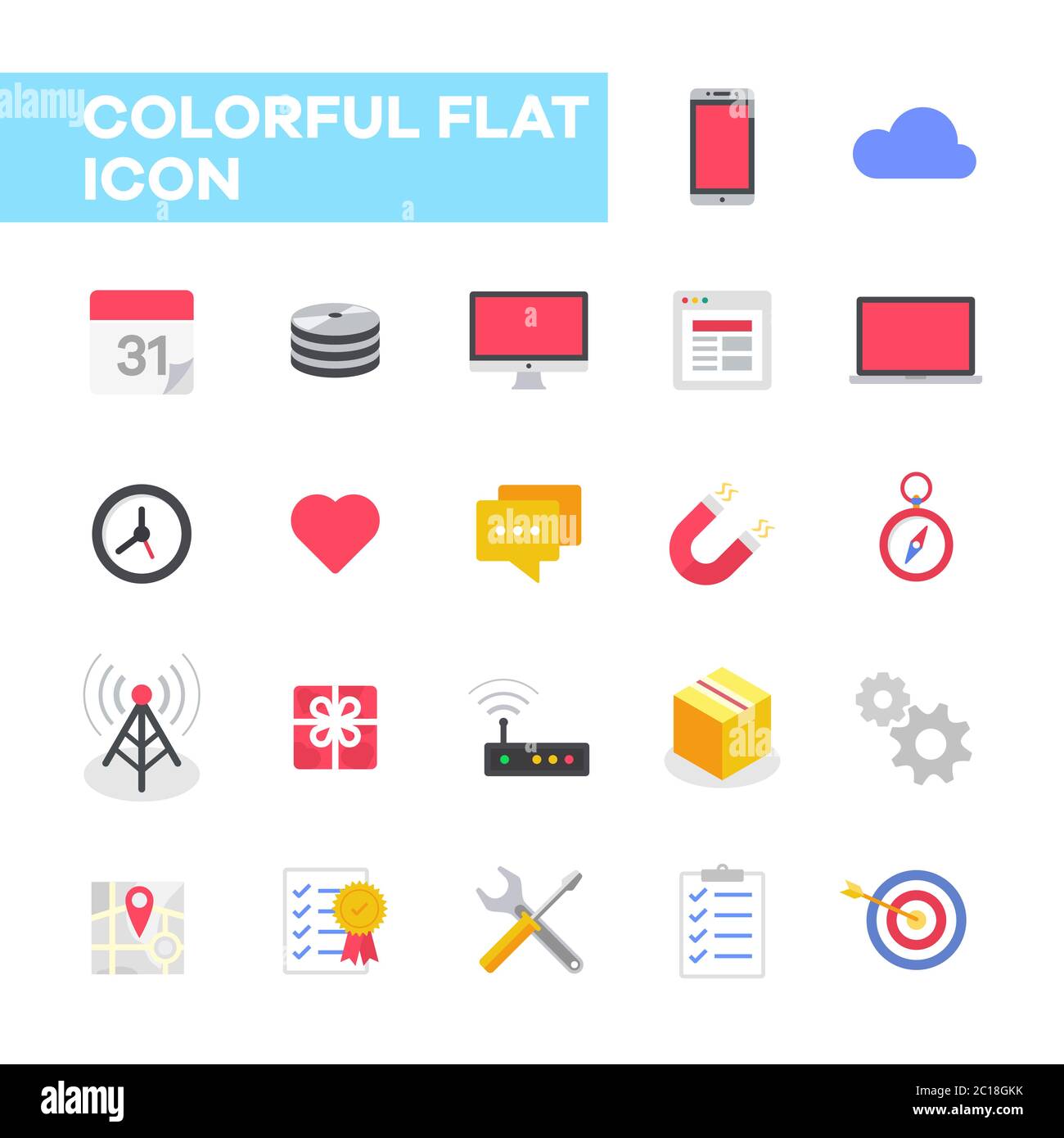 Flat icon collection of computer digital technology elements. Solid flat color computer icon graphic resources. Stock Vector