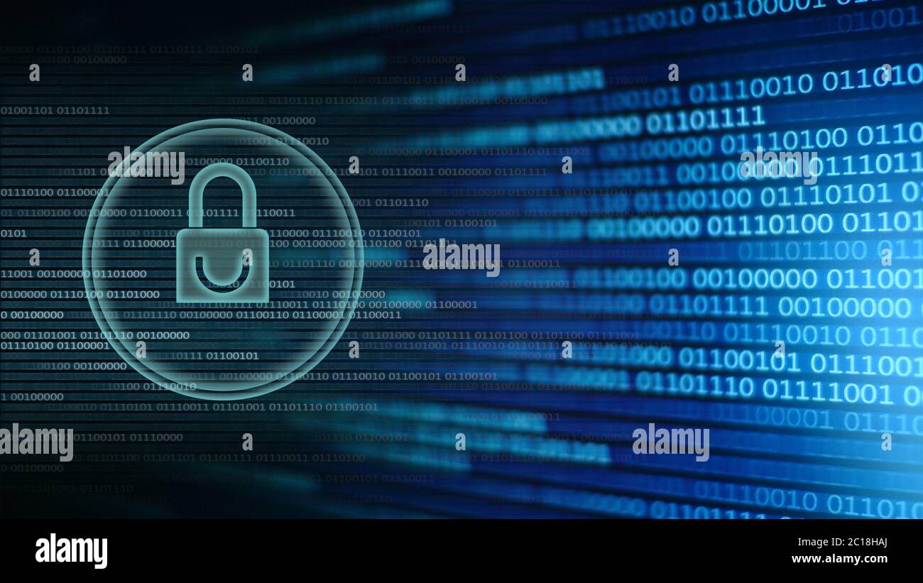 white light digital padlock icon on blue binary code matrix background ...