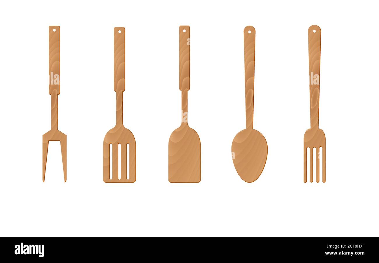 wooden spoon and kitchenware on the white background Stock Vector