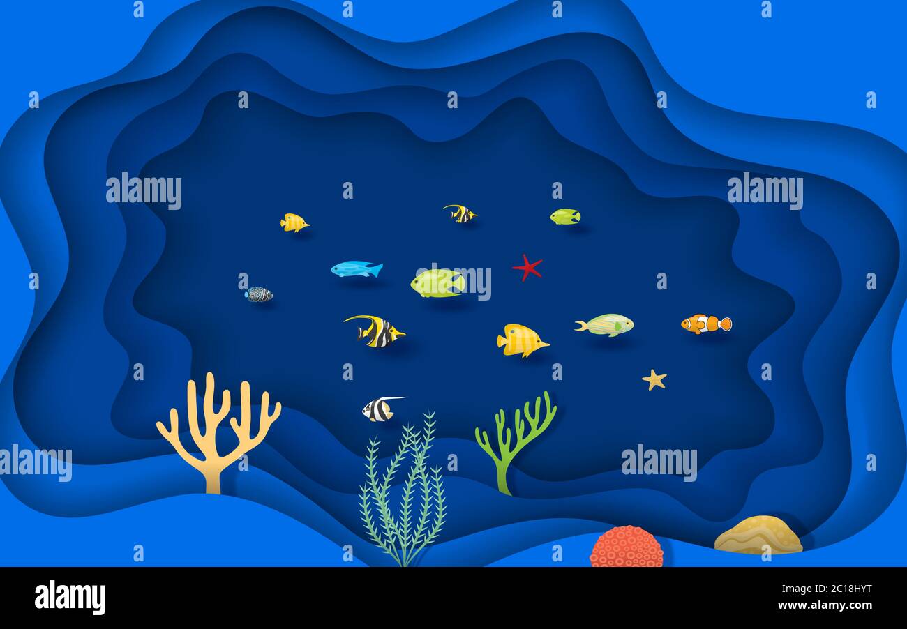 landscape of colorful coral and fish at the cave in the ocean Stock Vector