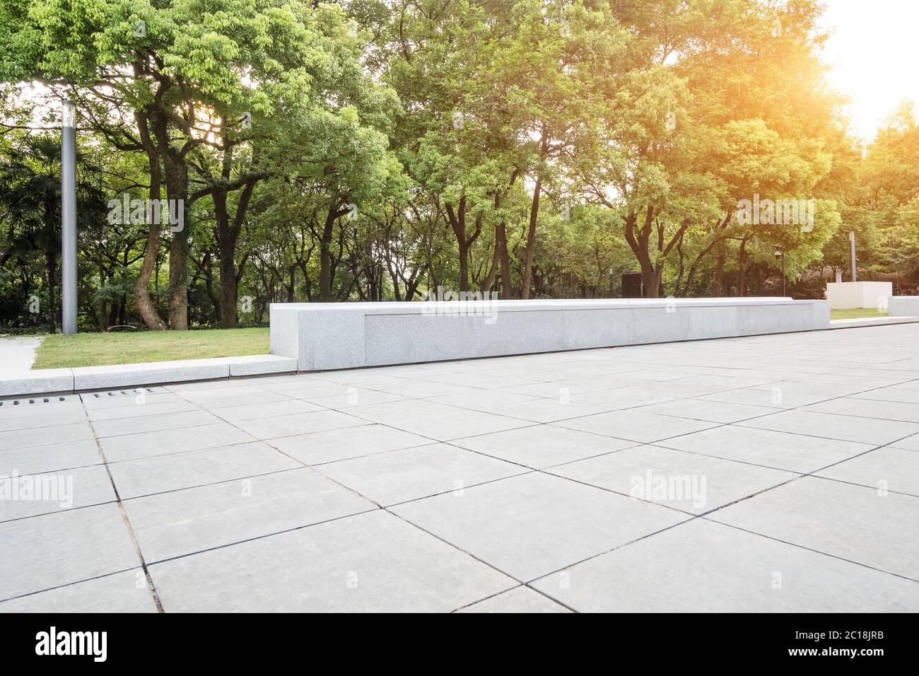 empty marble floor near green forest Stock Photo