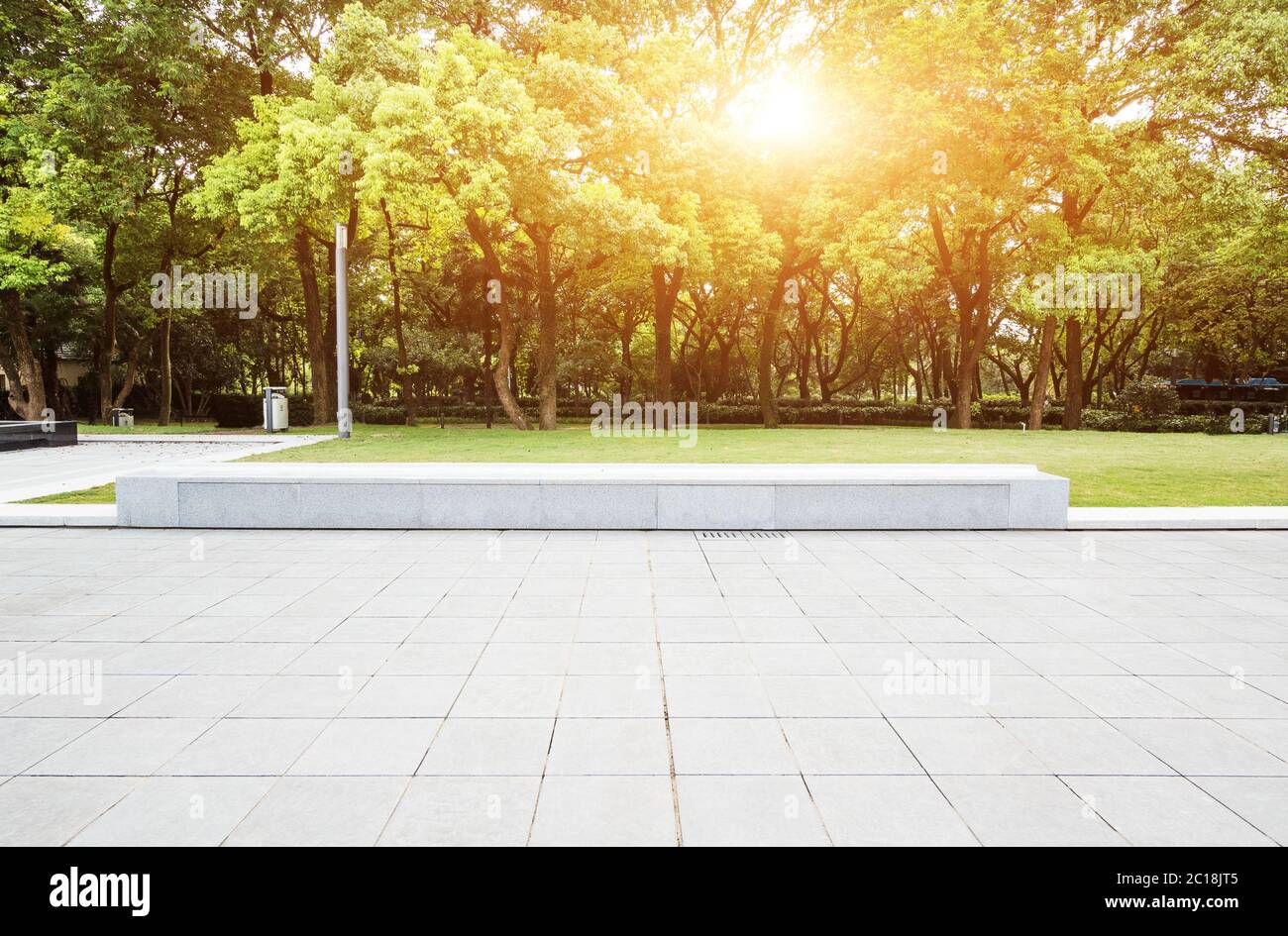 empty marble floor near green forest Stock Photo