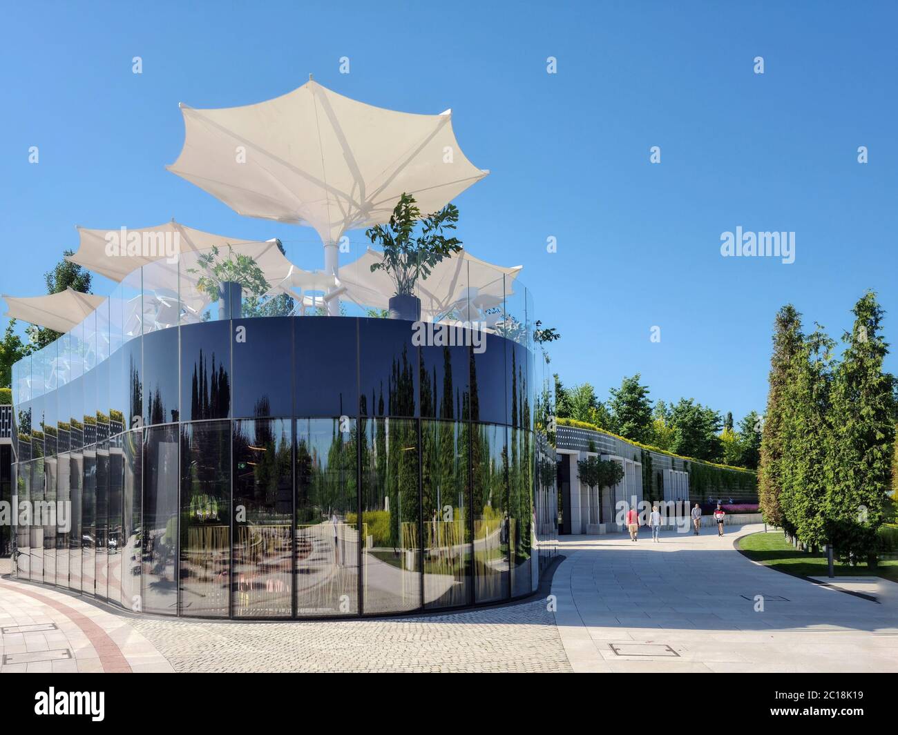 The appearance of the glass caf with a beautiful terrace in the Galitsky Park, Krasnodar.Self-isolation, quarantine. Stock Photo