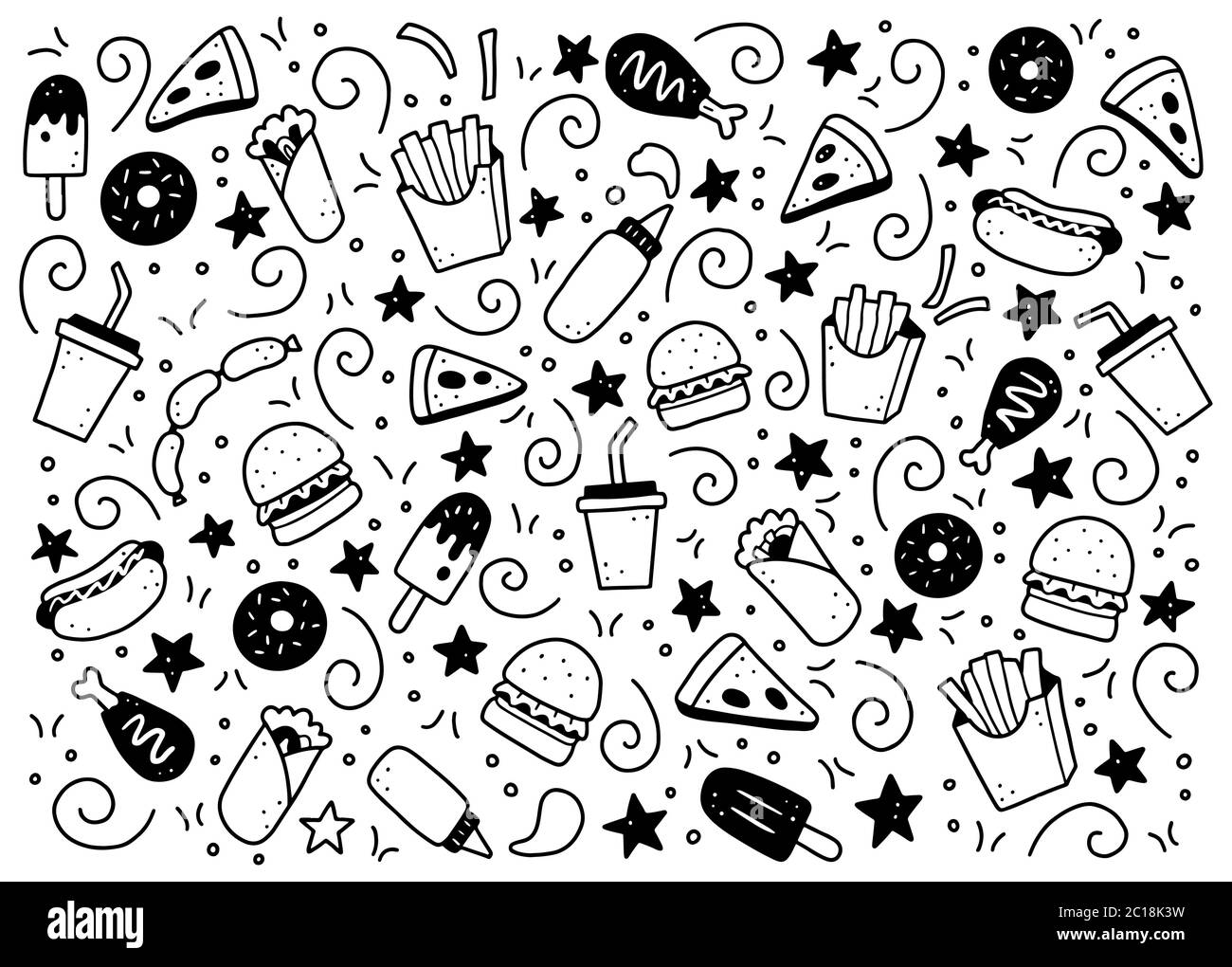 Hand drawn set of fast food elements, burger, pizza, sandwich, hamburger, snack. Comic doodle sketch style. Fast food element drawn by digital brush-pen. Vector illustration for icon, menu, frame design. Stock Vector