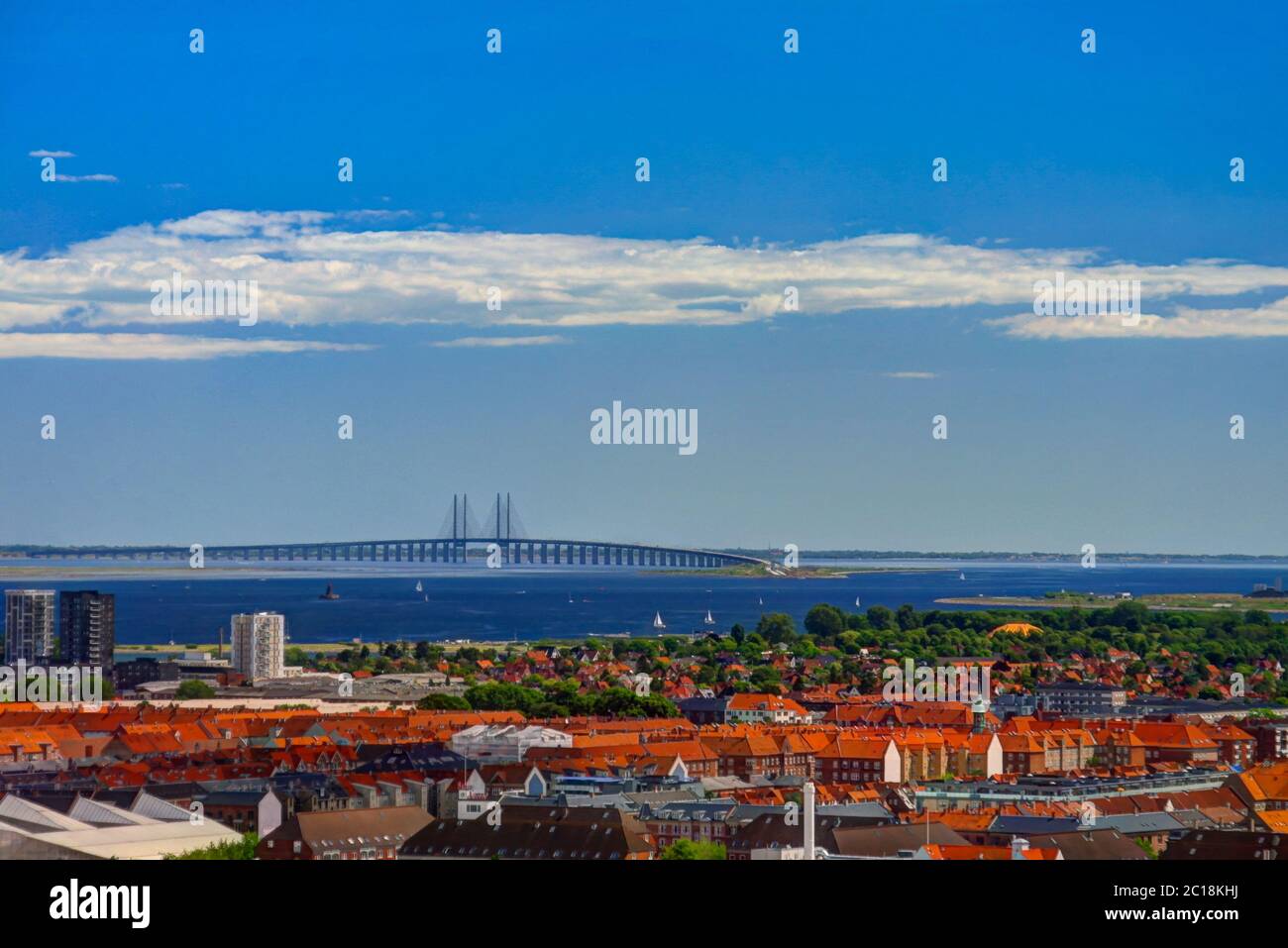 Panoramic aerial cityscape of Copenhagen city and Oresund Bridge Denmark Stock Photo