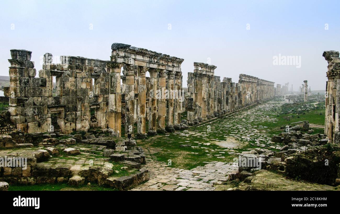 Great Colonnade Apamea in fog, partially destroyed by ISIS Syria Stock Photo