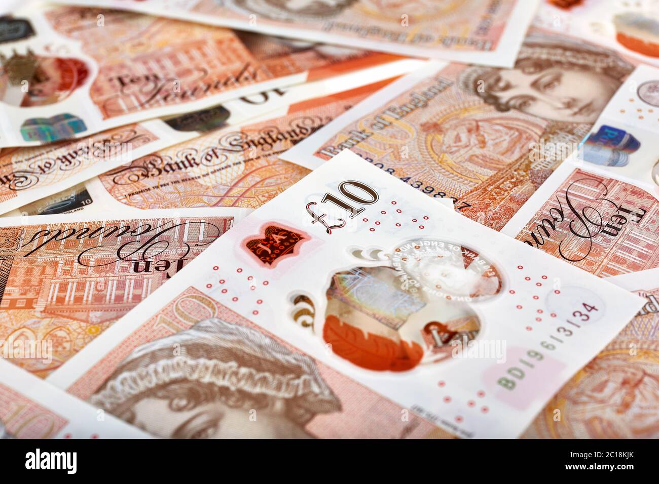 A lot of United Kingdome 10 pounds banknotes. Money horizontal background. Stock Photo