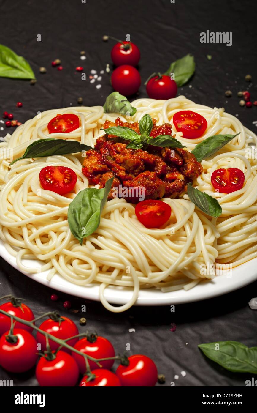 Closeup of delicious spaghetti Bolognaise or Bolognese with savory